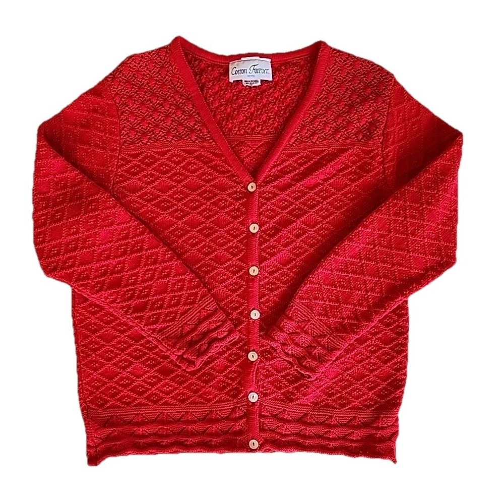 Vintage 80s 90s Womens Cardigan Sz PM Red Cable Knit Sweater Twee Cottage Preppy